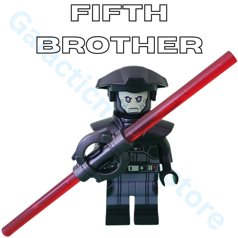 May include: A Lego figurine of the Fifth Brother character from Star Wars. The figure is mainly black and grey, holding a red lightsaber. The text "FIFTH BROTHER" is displayed above the figure.