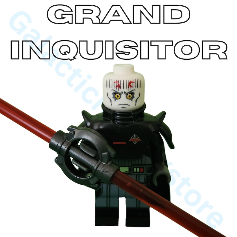 May include: A black Lego figure of the Grand Inquisitor, holding a red lightsaber. The figure has a white head with red and black markings and yellow eyes. The text "GRAND INQUISITOR" is above the figure.