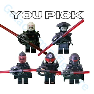 May include: Five Lego minifigures in black armour, each holding a red lightsaber. The figures have different helmet designs. The text "YOU PICK" is displayed above the figures.