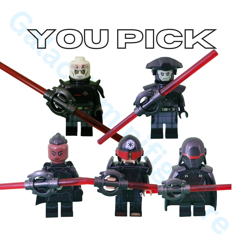May include: Five Lego minifigures in black armour, each holding a red lightsaber. The figures have different helmet designs. The text "YOU PICK" is displayed above the figures.