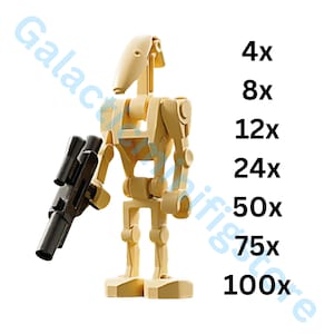 May include: A tan-colored battle droid figure with a black blaster rifle. The image includes text indicating quantities: 4x, 8x, 12x, 24x, 50x, 75x, and 100x. The figure is a toy.