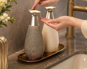 リブ付き砂岩セラミックソープディスペンサー、400ml詰め替え式ローションポンプ、ミニマルなバスルームシンク装飾