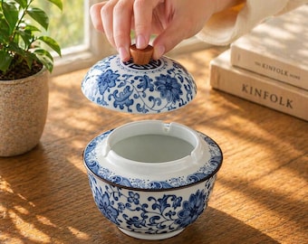 Blue White Ceramic Ashtray with Lid, Vintage Floral Porcelain Decorative Piece