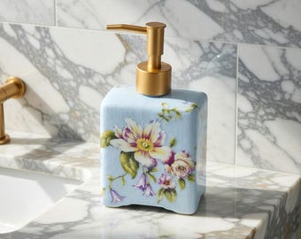 Handgemaakte vintage bloemen keramische zeepdispenser, handgemaakt badkamerdecor, elegante navulbare lotionpompfles, capaciteit 360 ml