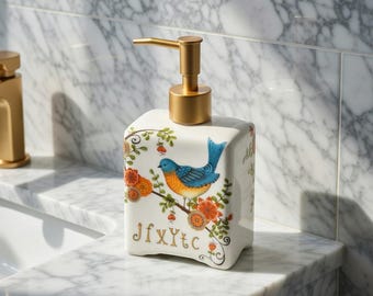 Handcrafted Floral Ceramic Soap Dispenser, Elegant Bathroom Decor, 360ml Capacity