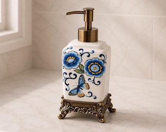 Vintage Ceramic Soap Dispenser, Handmade Floral Bathroom Decor, 360ml Capacity