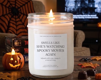 Horror Movie Candle | She’s Watching Spooky Movies Again | 90s Halloween Movie Night | Scary Gift for her | Fall Candle