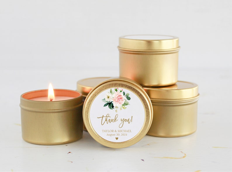 Wedding Favors/ Bulk for Guests / Blush Floral Candle Favors / Set of 10 Candle Favors / Personalized Wedding Favors / Gold Tin Candles image 1
