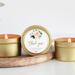 Wedding Favors/ Bulk for Guests / Blush Floral Candle Favors / Set of 10 Candle Favors / Personalized Wedding Favors / Gold Tin Candles image 3