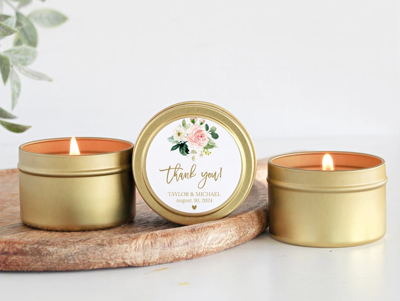 Wedding Favors/ Bulk for Guests / Blush Floral Candle Favors / Set of 10 Candle Favors / Personalized Wedding Favors / Gold Tin Candles image 3
