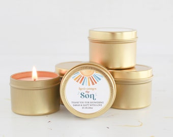 Here Comes the Son / Baby Shower Favors / For Guests Bulk / Candle Favors / Sunshine / Rainbow / Custom Candle / Baby Boy Shower