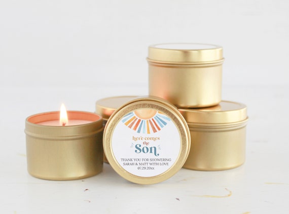 Here Comes the Son / Baby Shower Favors / For Guests Bulk / Candle Favors / Sunshine / Rainbow / Custom Candle / Baby Boy Shower
