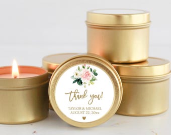 Wedding Favors/ Bulk for Guests / Blush Floral Candle Favors / Set of 10 Candle Favors   / Personalized Wedding Favors / Gold Tin Candles