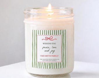 Personalized Christmas Candle, Peace Love and Joy, hand drawn whimsical style with bow, Secret Santa Gift, Gifts under 20