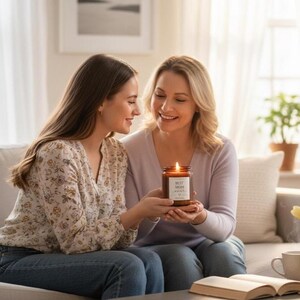 以下が含まれることがあります： 「Best Mom Ever」と書かれたラベルが付いた茶色のガラス瓶に入った、火のついたキャンドルを2人が持っています。キャンドルはリビングルームにあり、柔らかな光と温かみのある色調です。このシーンは、安らぎと愛情を感じさせます。