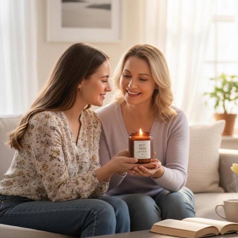 以下が含まれることがあります： 「Best Mom Ever」と書かれたラベルが付いた茶色のガラス瓶に入った、火のついたキャンドルを2人が持っています。キャンドルはリビングルームにあり、柔らかな光と温かみのある色調です。このシーンは、安らぎと愛情を感じさせます。