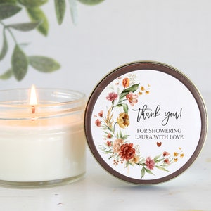 Fall Wildflower Bridal Shower Favors / Personalized 4 oz. Soy Candle Favors / Wedding Favors /  Rust, Burgundy, Terracotta / Falling in love