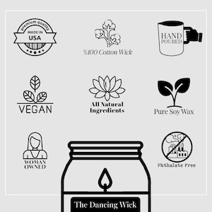 K&ouml;nnte beinhalten: Eine Schwarzwei&szlig;illustration eines Kerzenbeh&auml;lters mit dem Text "The Dancing Wick". Die Kerze ist aus reinem Sojawachs hergestellt, vegan und handgegossen. Die Kerze besteht aus nat&uuml;rlichen Zutaten und hat einen 100%igen Baumwolldocht. Die Kerze ist phthalatfrei.