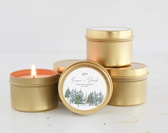 Winter Wedding Candle Favors / Bulk Wedding Favors for Guests / Set of 10 Candle Favors  / Personalized Wedding Favors / Gold Candle Tins