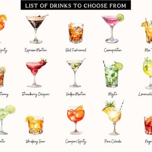 K&ouml;nnte beinhalten: Aquarellillustration einer Cocktail-Liste, darunter Aperol Spritz, Espresso Martini, Old Fashioned, Cosmopolitan und Mai Tai. Weitere Getr&auml;nke sind Dark n Stormy, Strawberry Daiquiri, Vodka Martini, Mojito und Limoncello Spritz. Gezeigt werden auch Margarita, Whiskey Sour, Campari Spritz, Pina Colada und Negroni.