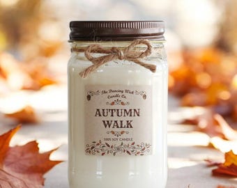 Autumn Walk Pure Soy Candle //Large Pint 16 oz.// Half Pint 8 oz candle/Mason Jar Candle/Hand Poured//Fall Candle//Harvest Candle