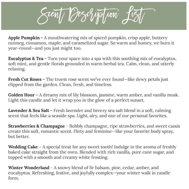 May include: A white informational sign with a sage green header titled Scent Description List. It lists eight candle scents including Apple Pumpkin, Eucalyptus & Tea, Fresh Cut Roses, Golden Hour, Lavender & Sea Salt, Strawberries & Champagne, Wedding Cake, and Winter Wonderland with detailed descriptions for each fragrance profile.