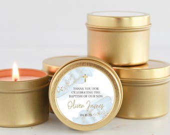 Baptism Favors / For Guests Bulk  /  Set of 10 Candle Favors / Christening for Boys / Gold Tins / Soy Candle / Communion Favors