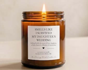 Mother of the Bride Gift, Personalized Candle, I Survived My Daughter’s Wedding | Mother of the Groom Scented Soy Candle | Brown Jar Style