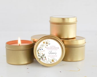 Wildflower  Baby Shower Favors / For Guests Bulk / Soy Candle Favors / Baby In Bloom /  Baby Girl / Set of 10 / Gold & Silver Tins / Unique