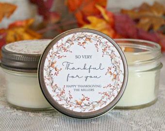Thanksgiving Candle Favor /  So very Thankful for you /  Thanksgiving Table / Fall Candle / Hostess Gift /  4 oz. Candle Favors