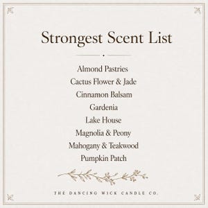 May include: A square sign with a cream background and dark brown text titled Strongest Scent List. It lists Almond Pastries, Cactus Flower & Jade, Cinnamon Balsam, Gardenia, Lake House, Magnolia & Peony, Mahogany & Teakwood, and Pumpkin Patch.
