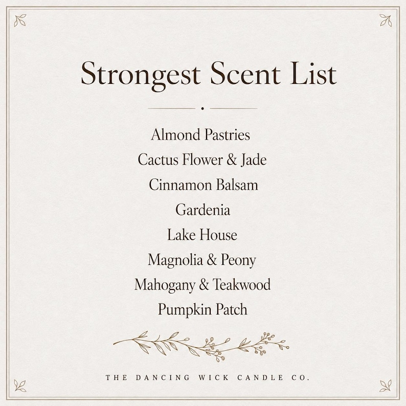 May include: A square sign with a cream background and dark brown text titled Strongest Scent List. It lists Almond Pastries, Cactus Flower & Jade, Cinnamon Balsam, Gardenia, Lake House, Magnolia & Peony, Mahogany & Teakwood, and Pumpkin Patch.