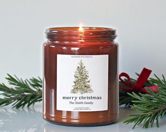 Personalized Merry Christmas Candle – Amber Jar Holiday Gift – 4oz & 8oz Soy Candle - Christmas Tree Design