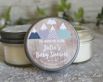 Adventure Baby Shower Favor / Personalized 4 oz Soy Candle Favors / Mountain Baby Shower / Boy Baby Shower / Gender Neutral Baby Shower