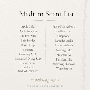 May include: A cream-colored informational sign titled Medium Scent List, featuring two columns of text listing various candle scents including Apple Cider, Pumpkin Spice, and Lavender Vanilla, with The Dancing Wick Candle Co. printed at the bottom.