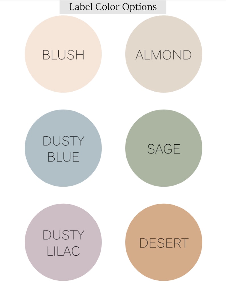 Puede incluir: Seis muestras de color etiquetadas con los nombres: Blush, Almond, Dusty Blue, Sage, Dusty Lilac y Desert.
