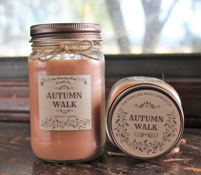 Autumn Walk Pure Soy Candle //Large Pint 16 oz.// Half Pint 8 oz candle/Mason Jar Candle/Hand Poured//Fall Candle//Harvest Candle image 1