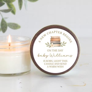 Book Theme Baby Shower Favors | A New Chapter Begins | 4 oz Soy Candle Favors | Personalized Party and Birthday Gifts for guests in bulk