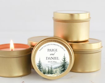 Forest Wedding Favors, Personalized Candles | Rustic Woodland Mountain Style | Bulk Guest Gifts |  Custom Tins |  Set of 10