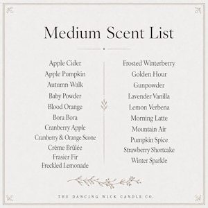May include: A light-colored informational sign titled Medium Scent List, featuring two columns of candle fragrance names including Apple Cider, Blood Orange, and Pumpkin Spice, with The Dancing Wick Candle Co. printed at the bottom.