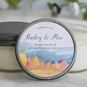 Fall Bridal Shower Favor /  Falling in Love / Personalized 4 oz candle favors / Bulk Candle Favor / Forest Wedding / Outdoor Wedding