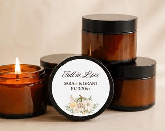 Personalized Fall Wedding Favors | 1 oz & 2 oz Mini Soy Candles | Brown Jar Style | Bulk for Guests sold in Sets of 10 | Pumpkin Style