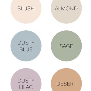 K&ouml;nnte beinhalten: Sechs Farbmuster mit den Bezeichnungen: Blush, Almond, Dusty Blue, Sage, Dusty Lilac und Desert.