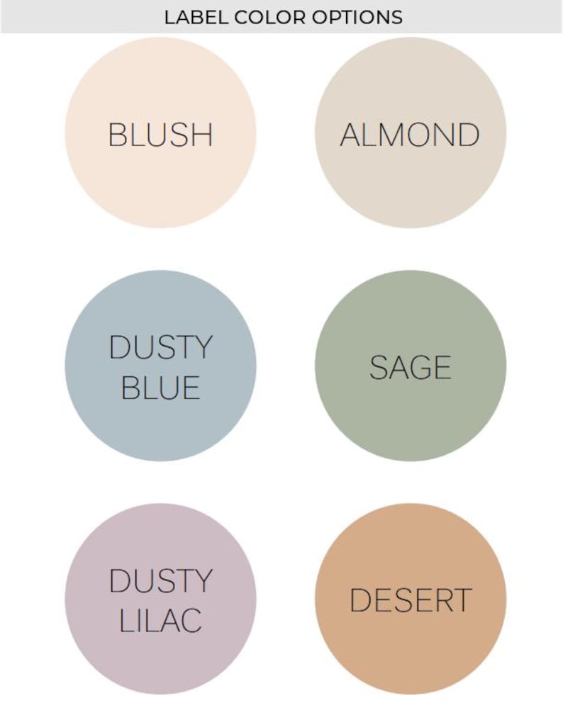K&ouml;nnte beinhalten: Sechs Farbmuster mit den Bezeichnungen: Blush, Almond, Dusty Blue, Sage, Dusty Lilac und Desert.