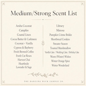 May include: A cream-colored informational sign titled Medium/Strong Scent List, featuring two columns of text listing various fragrance names like Aruba Coconut, Library, and Winter Wonderland, with decorative botanical line art at the top and bottom.