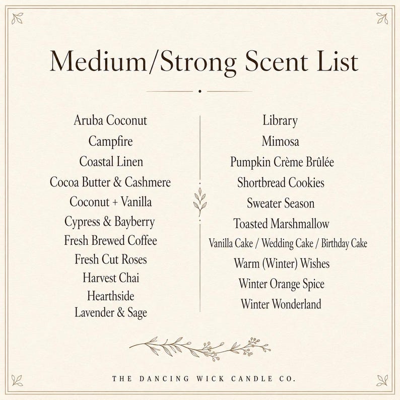 May include: A cream-colored informational sign titled Medium/Strong Scent List, featuring two columns of text listing various fragrance names like Aruba Coconut, Library, and Winter Wonderland, with decorative botanical line art at the top and bottom.