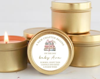 A new Chapter Baby Shower Favors | Personalized Candle Tins | Storybook Theme | Bulk Set of 10