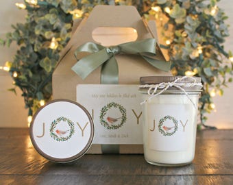 Holiday Spa Gift Set / Christmas Candle Gift Set / Joy Spa Gift Set / Christmas Wreath / Winter Bird Personalized Christmas Gift /