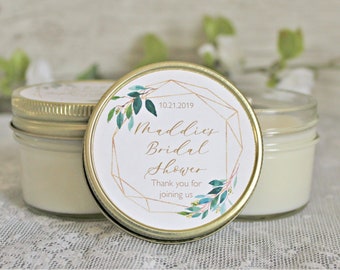 Greenery & Gold Bridal Shower Favor Candles / Personalized 4 oz. Soy Candle Favors / Personalized Favors / Elegant Bridal Shower Favors