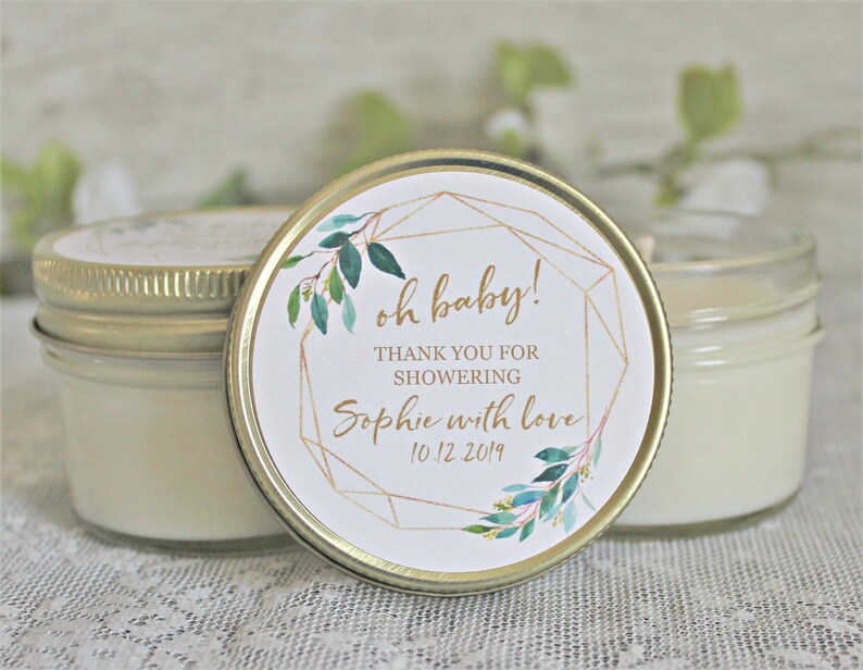 Gold /& Greenery Baby Shower Favors Set of 6 4 oz candle Favors Oh Baby Shower Gender Neutral Baby Shower Modern Baby Shower